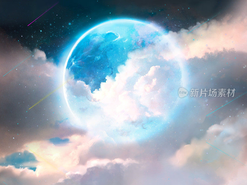 Fantasy background illustration of blue full moon in starry night sky and sea ​​of ​​clouds.